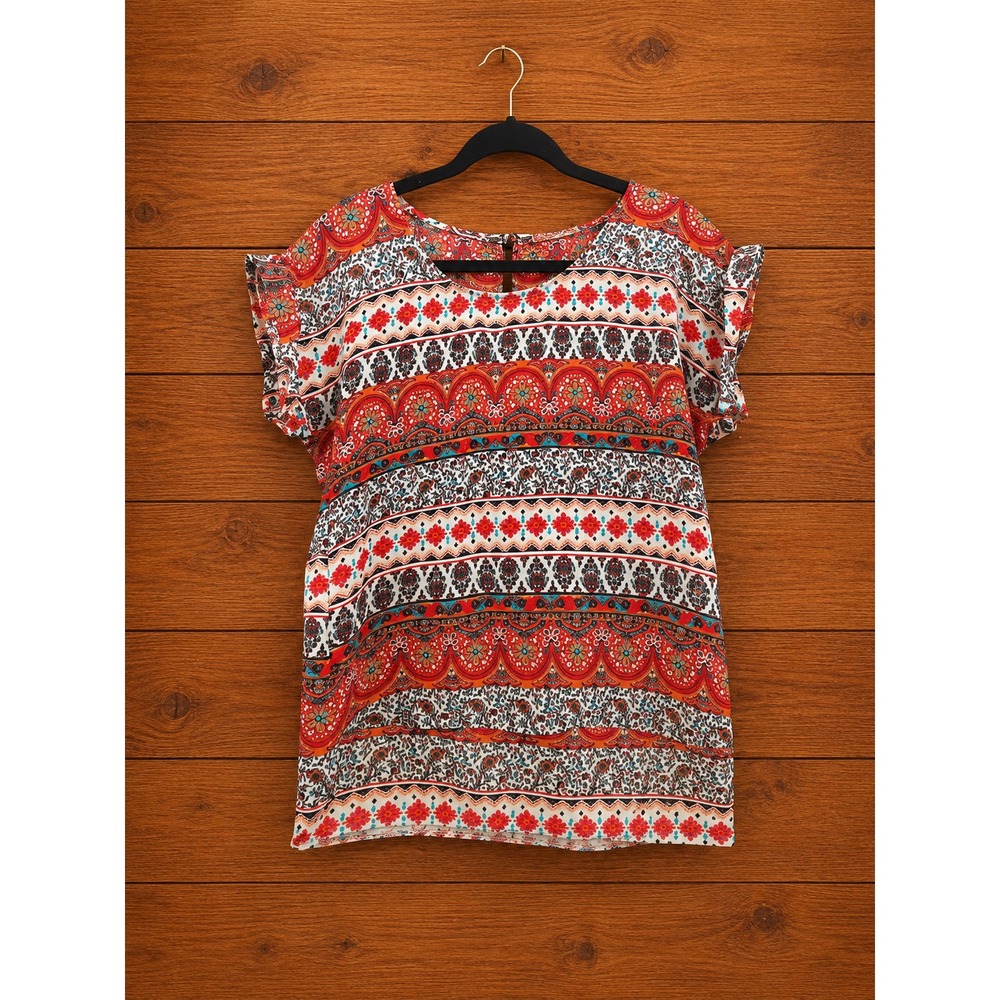 Pink Rose Boho Paisley Mixed Print Short Sleeve Zip‎ Back Blouse Red Large